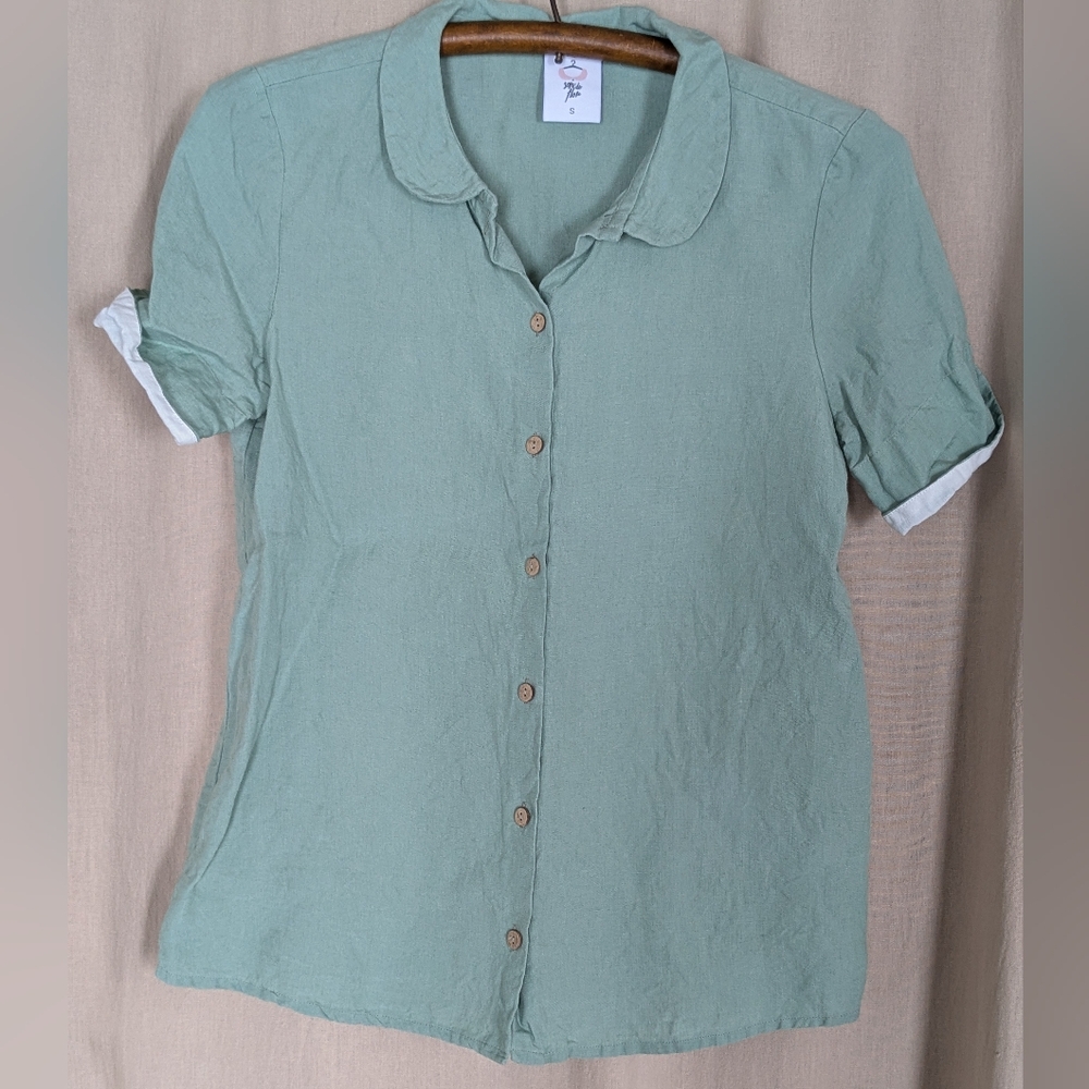 Son de Flor Green Linen Peter Pan Collar Button Up Blouse Short Sleeve Shirt